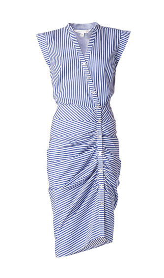 VERONICA BEARD Blue and White Striped Ruched Shirtdress