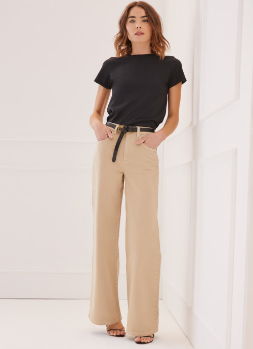 Model in Wide Leg Denim Pants in Khaki
