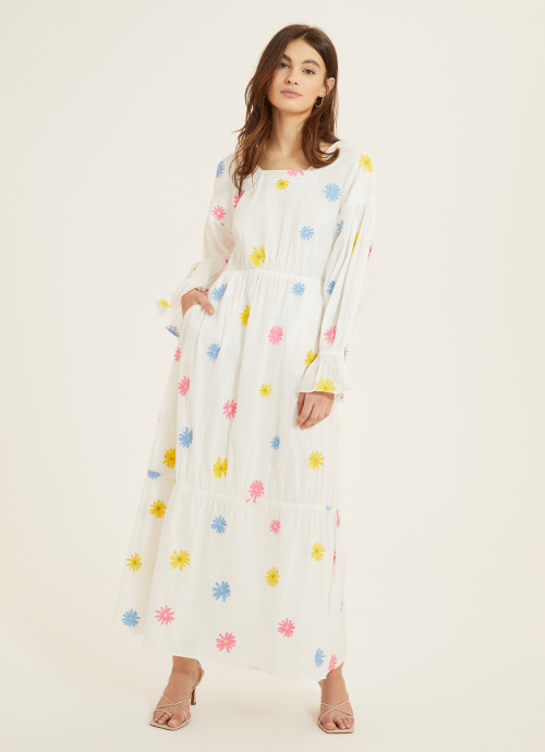 Model in Embroidered Tiered Long Sleeve Maxi Dress in Rainbow Multi