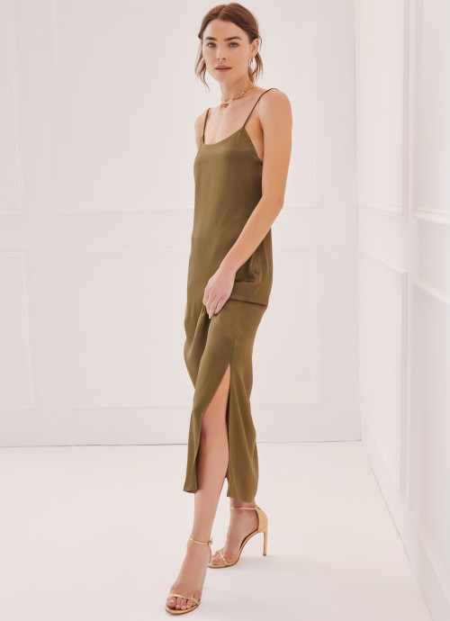 Model in Silky Essential Slip Dress in Olive