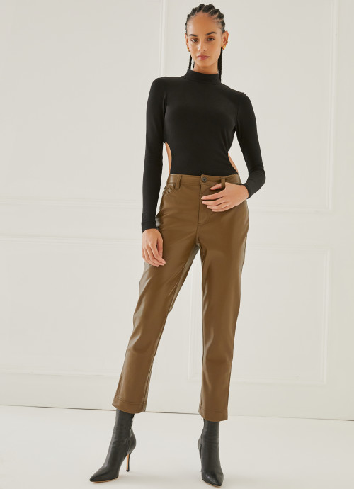Model in Faux Leather Straight Leg Pants in Army