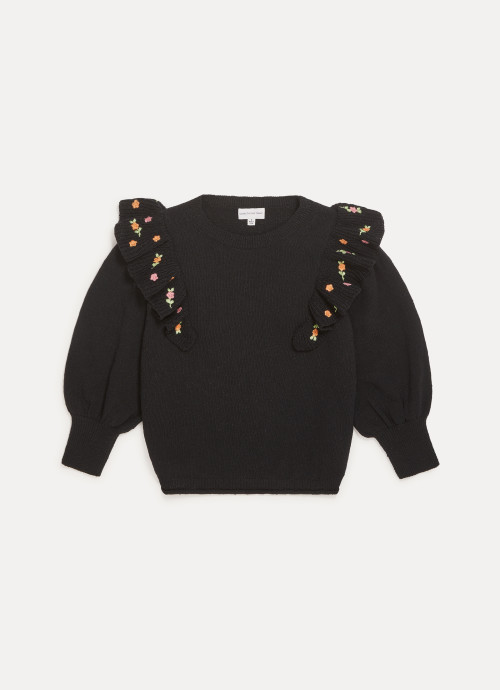 Black Louise Embroidered Ruffle Sweater

