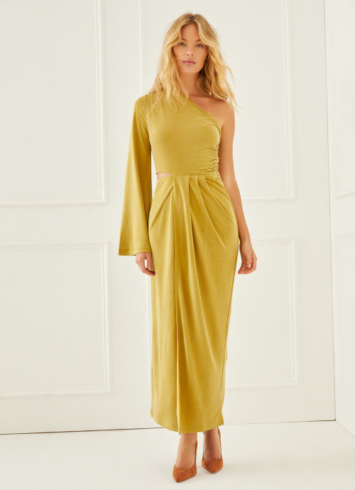 Model in One Shoulder Cut Out Gown in Chartreuse