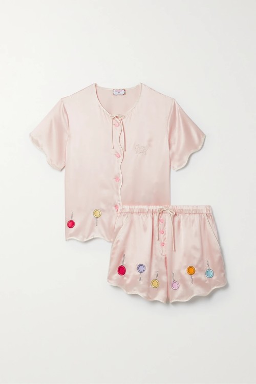MORGAN LANE + Candy Land Beatrice Tally embroidered satin pajama set in light pink