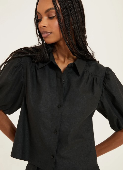Puff Sleeve Button Up black