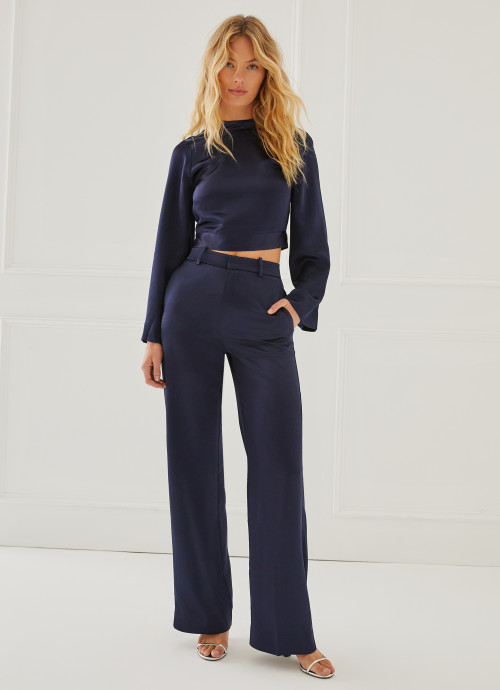 Silky Open Back Top and Silky Wide Leg Trousers in Navy