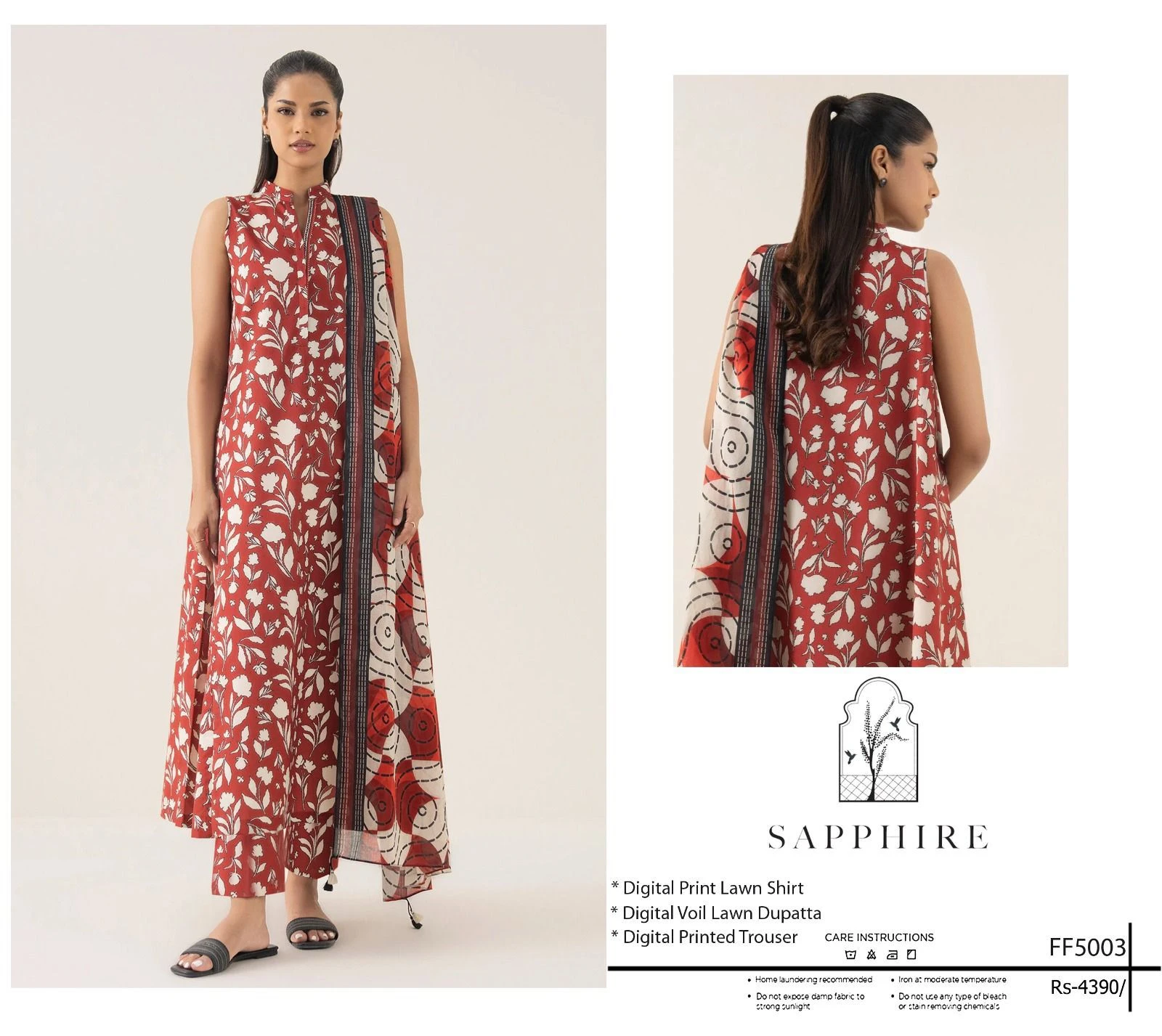 Crimson Petals: Sapphire 3-Piece Digital Printed Lawn in Deep Red with Cream Florals