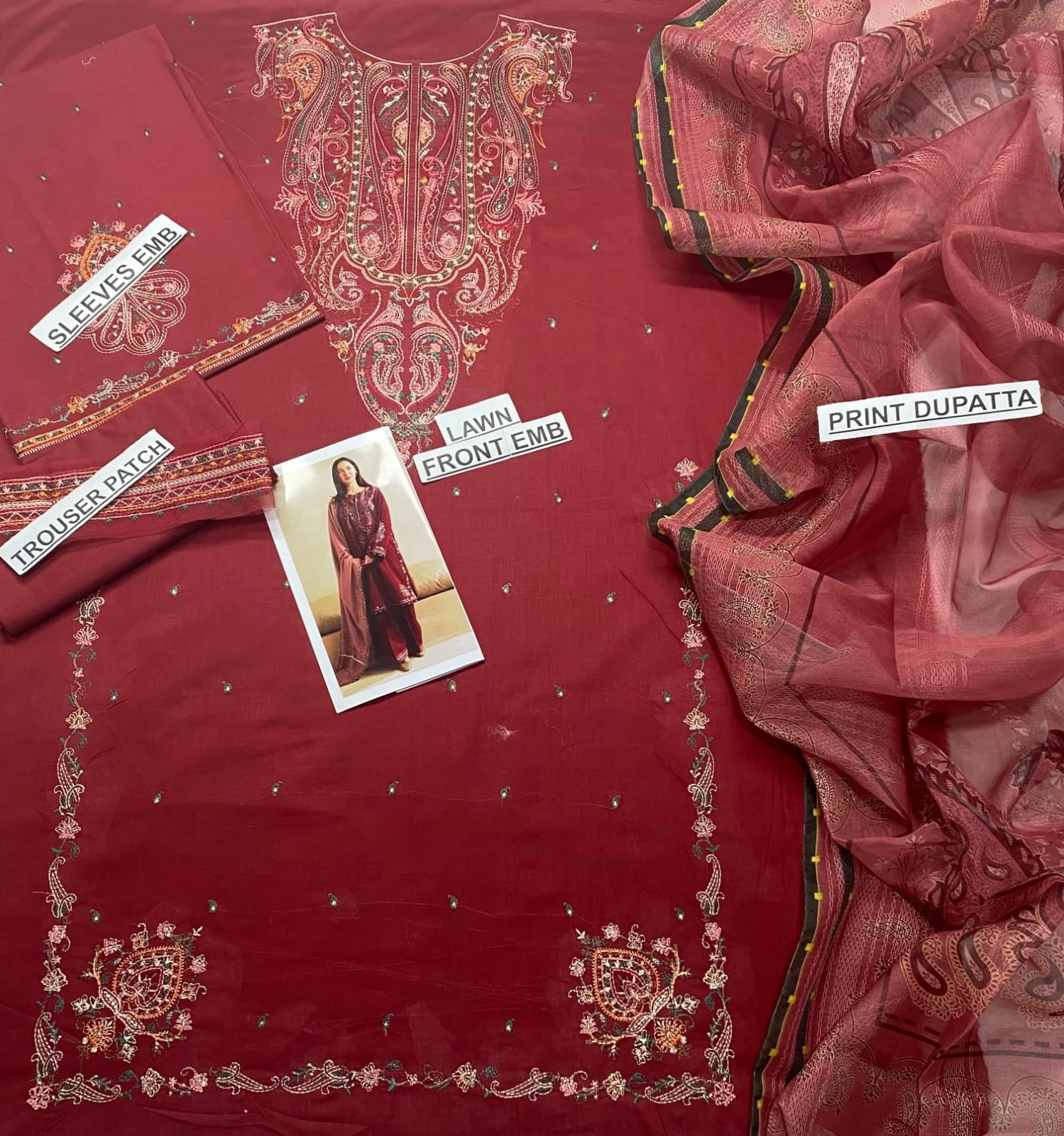 Ruby Vine: Sapphire 3-Piece Digital Printed Lawn in Deep Red with Ivory Florals