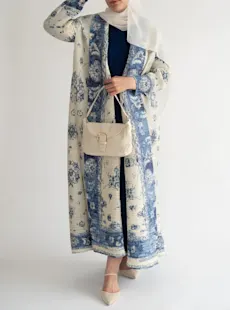 Sapphire Bloom Beige and Navy Blue Open Abaya 👗 - Crushed Fabric, Pleated Design, Modest & Elegant | Muslim Women Fashion