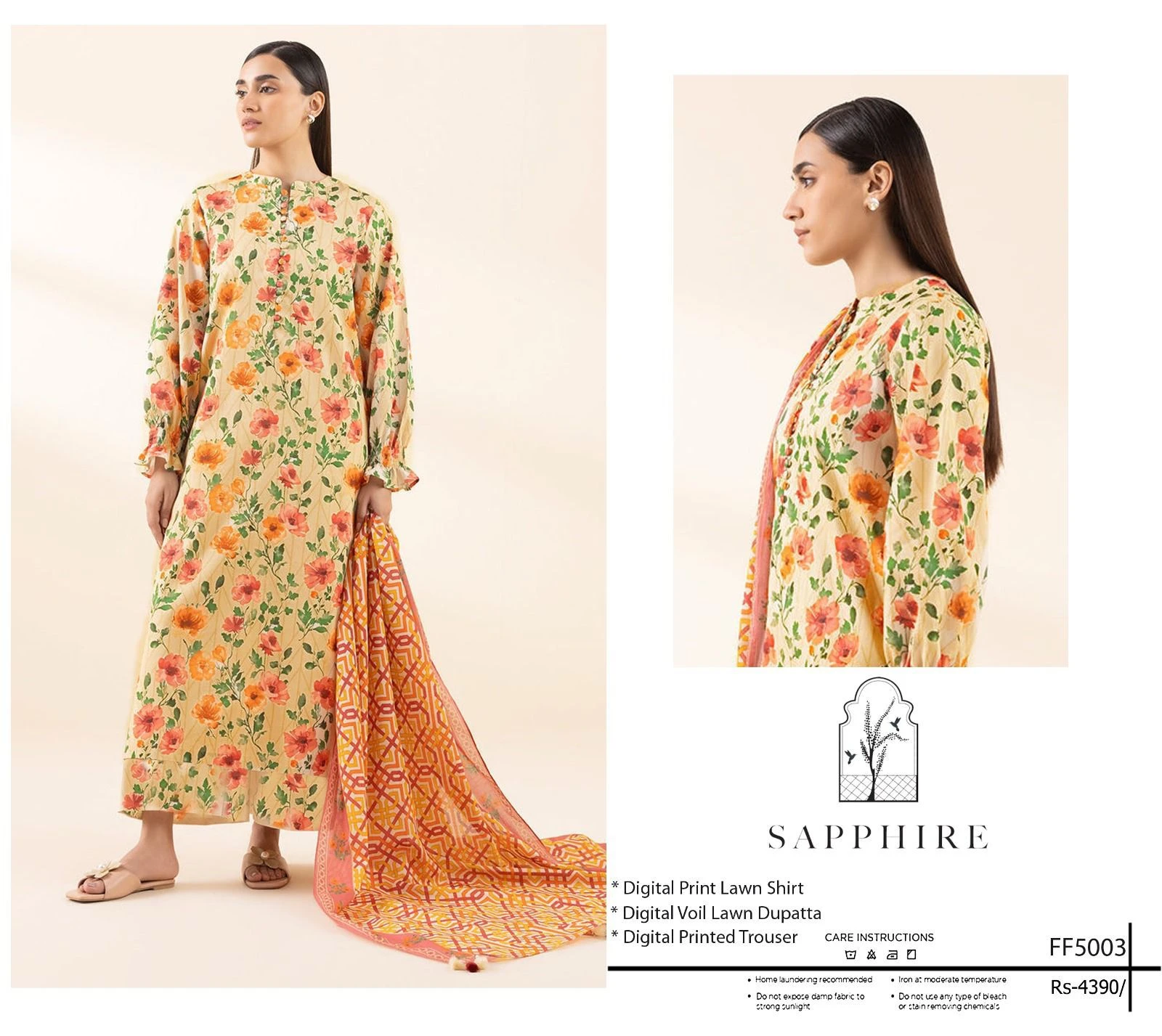 Tobacco Trellis: Sapphire 3-Piece Lawn in Earthy Brown with Black Geometric Print