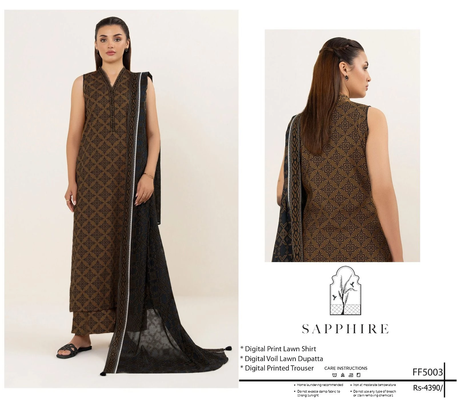 Tobacco Trellis: Sapphire 3-Piece Lawn in Earthy Brown with Black Geometric Print