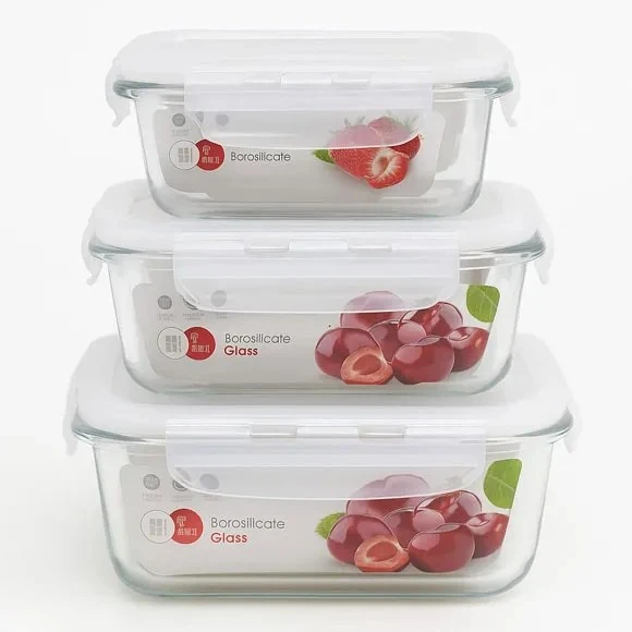 3 Pieces Borosilicate Glass Food Storage Containers - Airtight Lids Stackable Kitchen Organizer Boxes