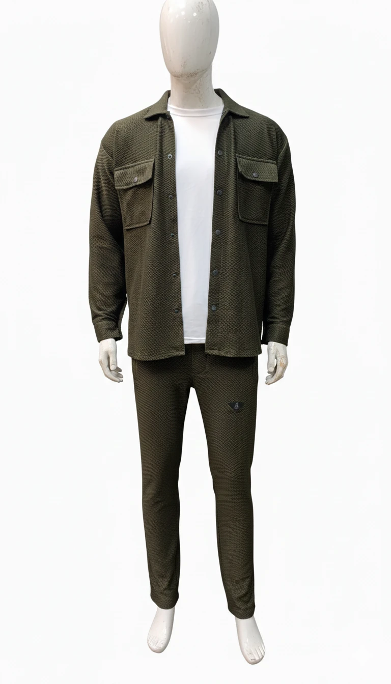 Men's Premium Olive Waffle-Knit Co-ord Set | 2-Piece Shacket & Jogger Suit