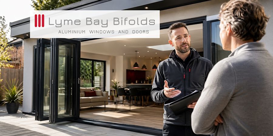 Editorial hero image for the Simon from Lyme Bay Bifolds TradeMailer success story, with Lyme Bay Bifolds logo in the top-left.