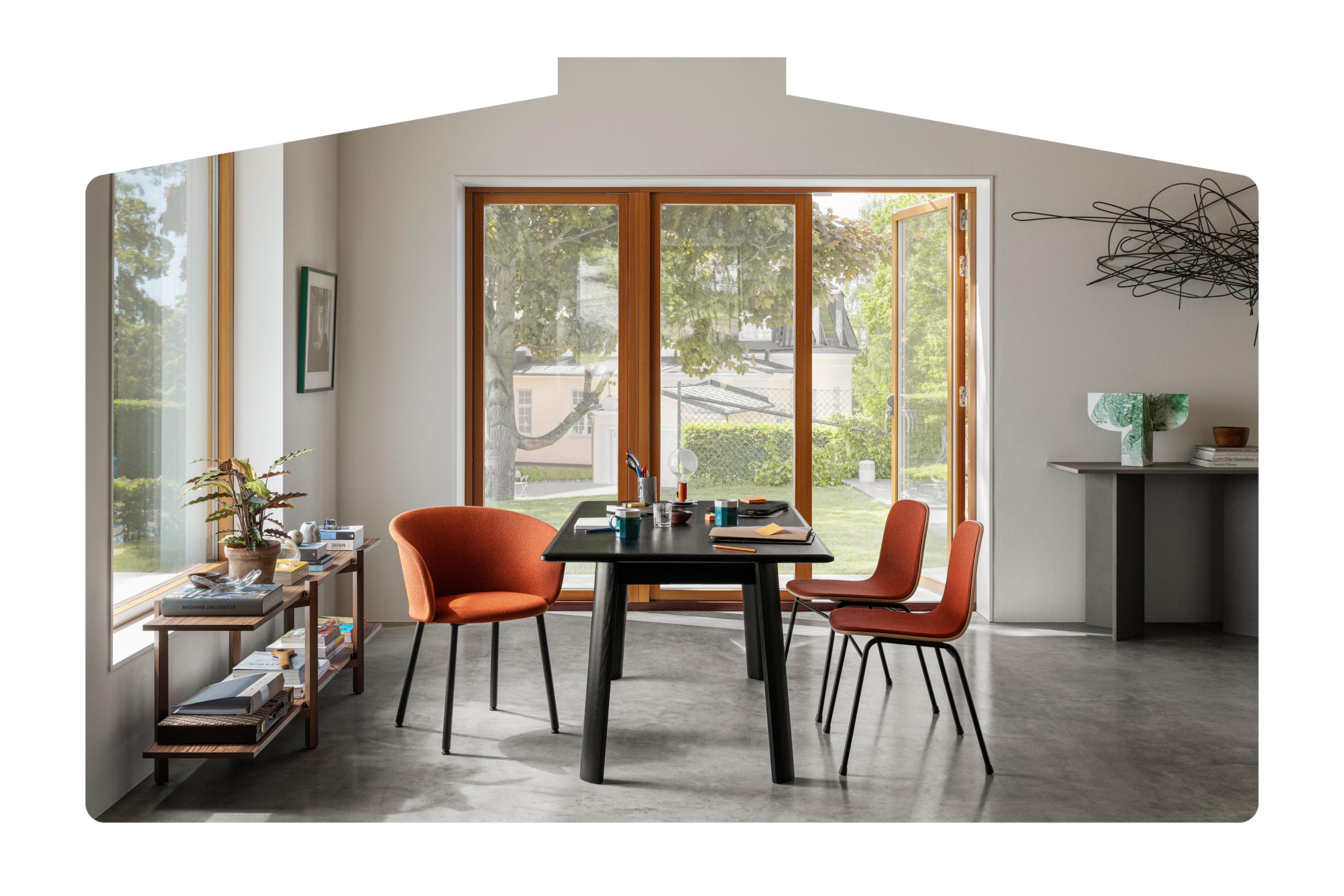 Hem - An office space featuring Alle Conference Table, Kendo and Touchwood Chairs, Zig Zag Media Shelf, and Limited Edition Hem X Powder Vase.