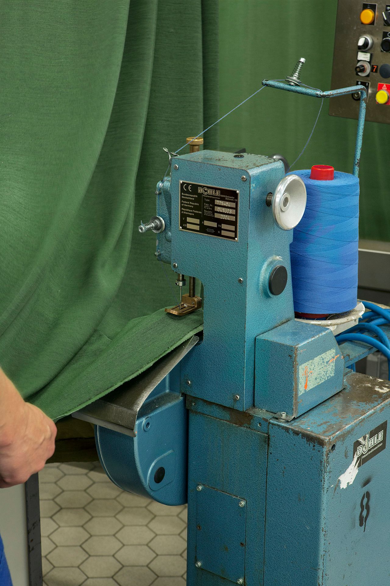 An editorial image from behind the scenes at the factory that produces fabric for Hem's Hai Lounge Chair and Bon Pouf.