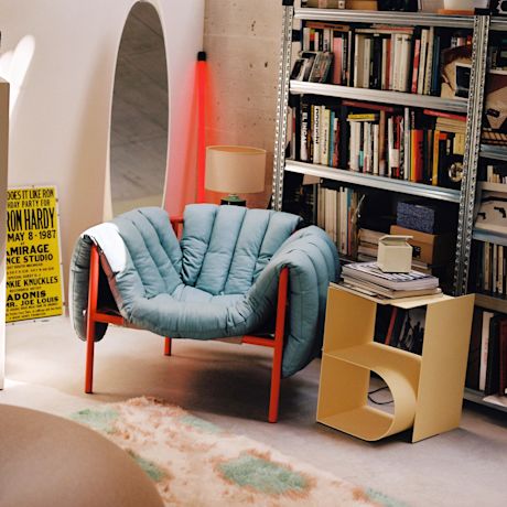 Puffy Lounge Chair, Light Blue Leather / Traffic Red