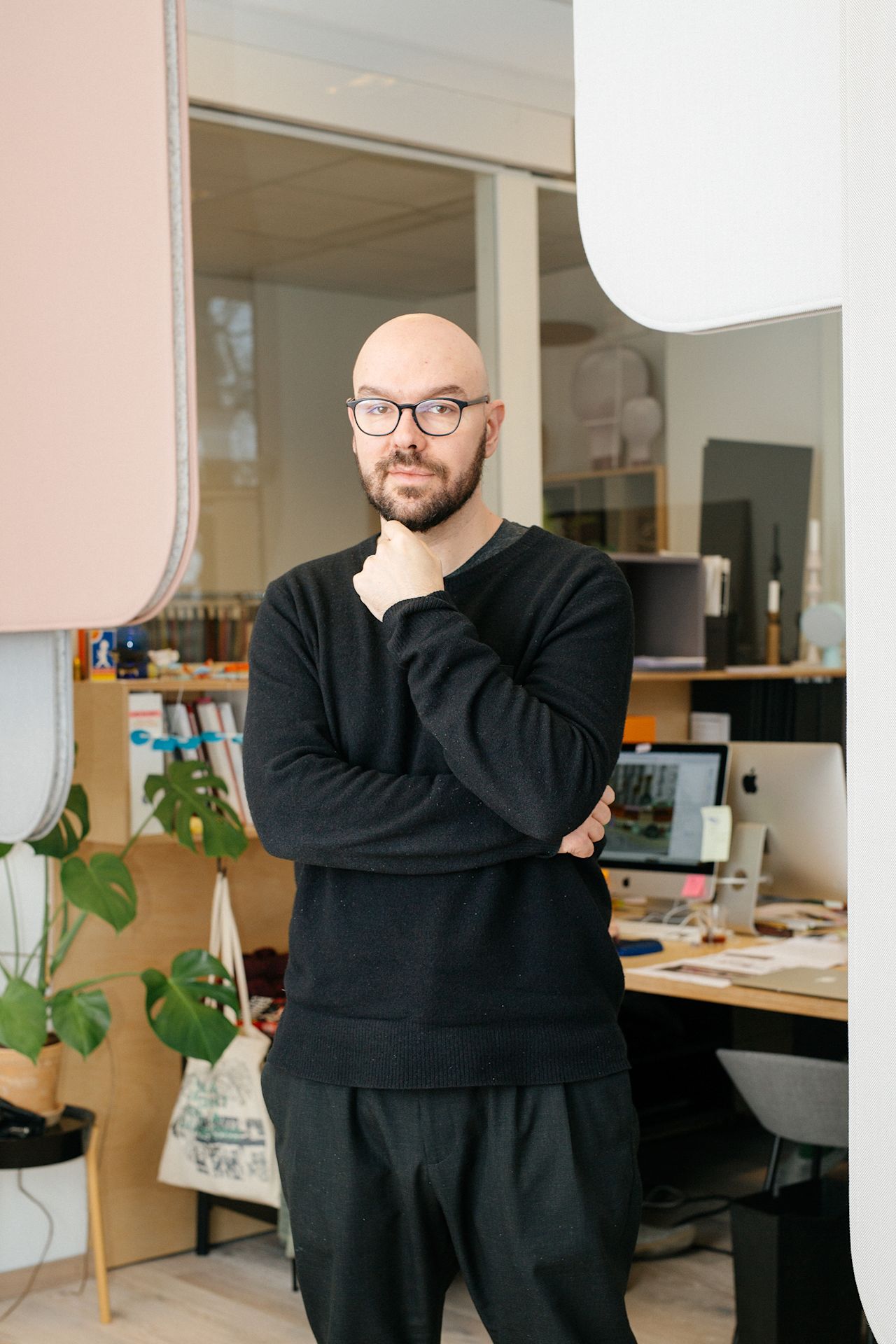 An editorial image from behind the scenes with Luca Nichetto, the designer behind the Alphabeta Floor Lamp.