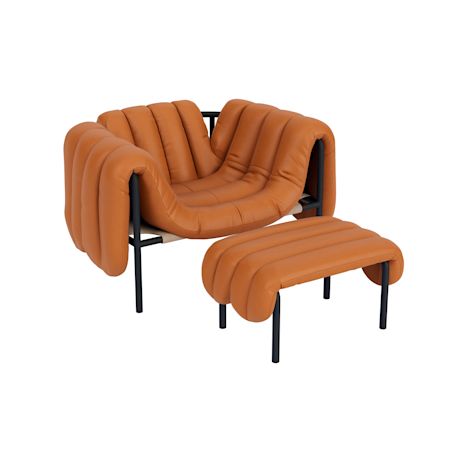 Puffy Lounge Chair + Ottoman, Elmosoft Leather 54035 / Black Grey