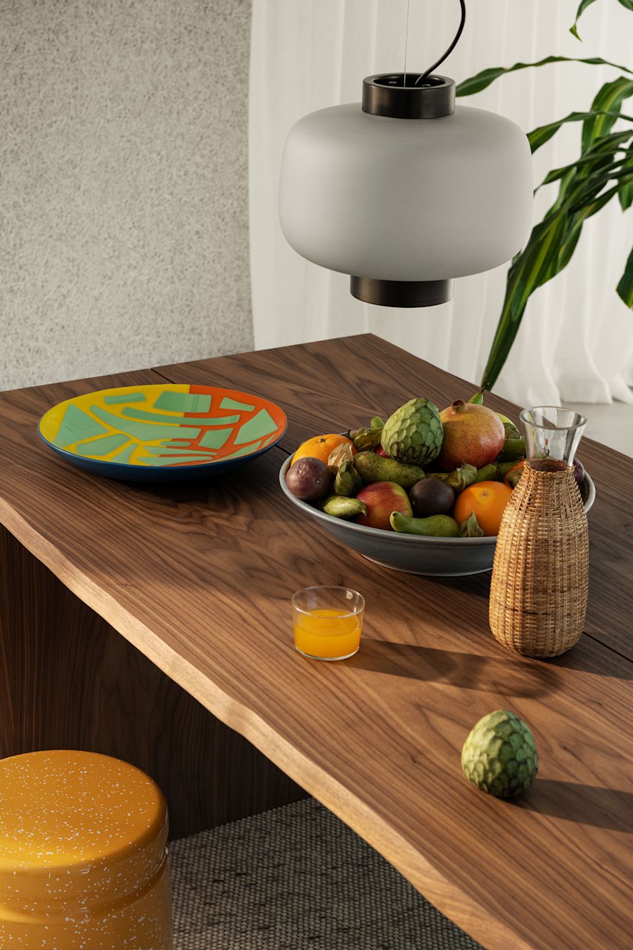 A lifestyle image of a dining scene featuring Dusk Lamp, Bookmatch Table + Benches Set, Offcut Plate, Last Stool, and Dune Rug.