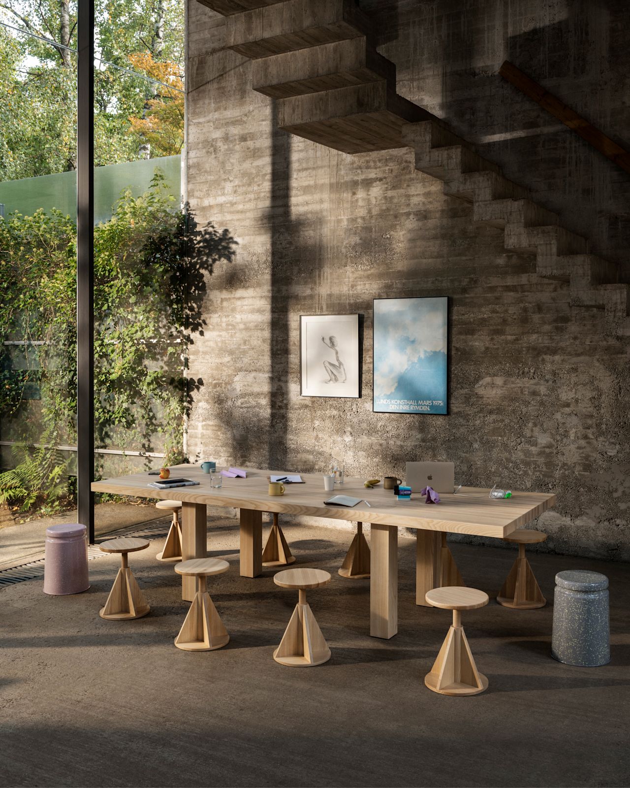 A lifestyle image of a dining room scene featuring All Wood Stools, Last Stools, and Max Table.