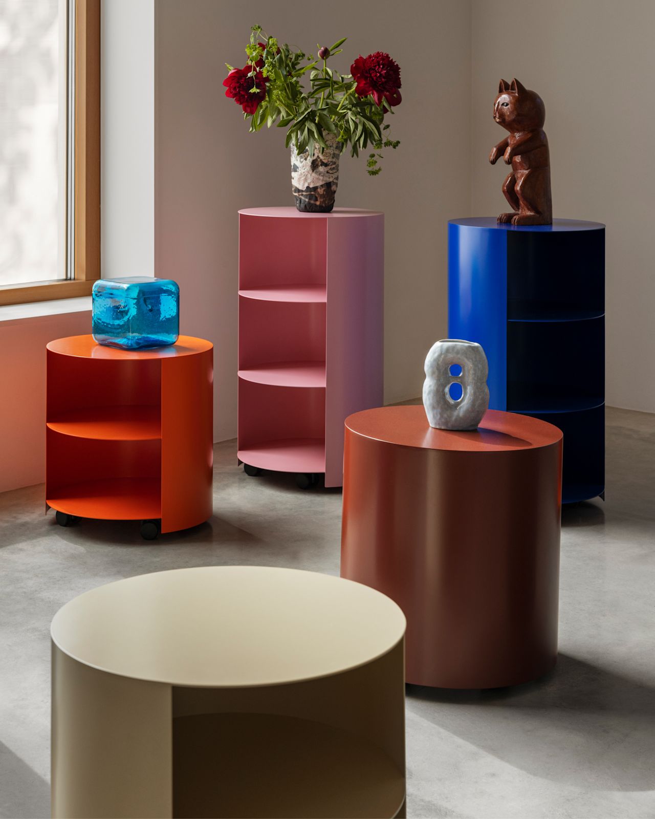 A lifestyle image featuring Hide Side Tables and Pedestals.