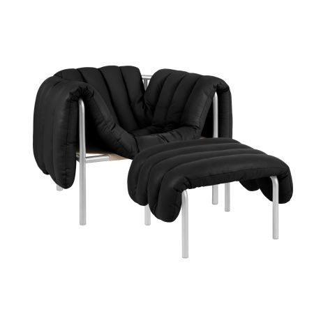 Puffy Lounge Chair + Ottoman, Black Leather / Stainless (UK)