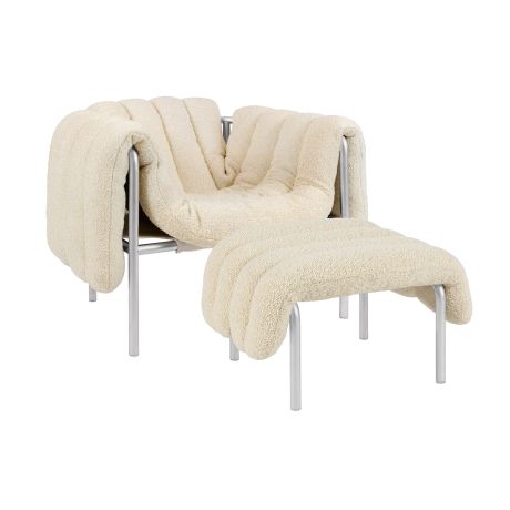 Puffy Lounge Chair + Ottoman, Eggshell / Stainless