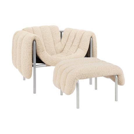 Puffy Lounge Chair + Ottoman, Eggshell / Stainless