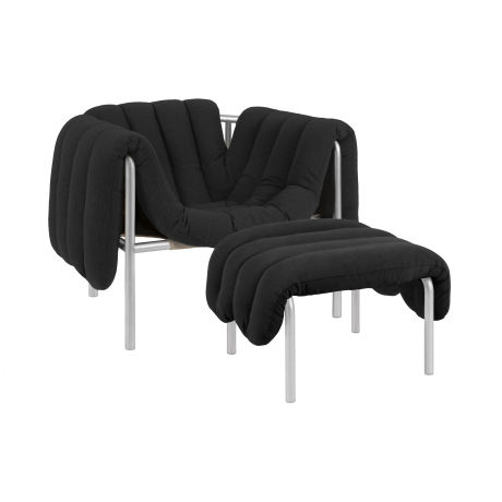 Puffy Lounge Chair + Ottoman, Anthracite / Stainless