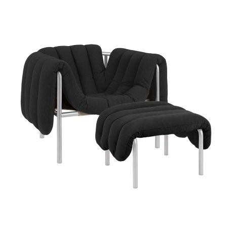 Puffy Lounge Chair + Ottoman, Anthracite / Stainless
