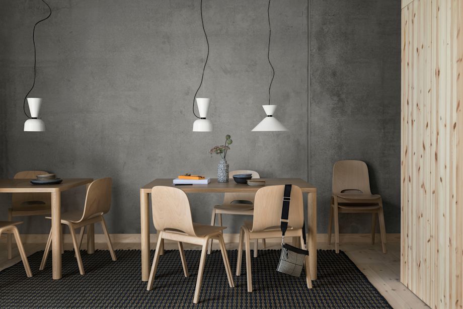 Hem - A lifestyle image featuring Log Table, Touchwood Chair, Alphabeta Pendant Light Duet, and Rope Rug.