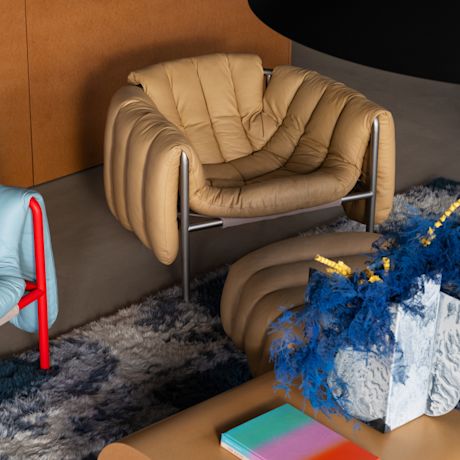 Puffy Lounge Chair, Sand Leather / Stainless