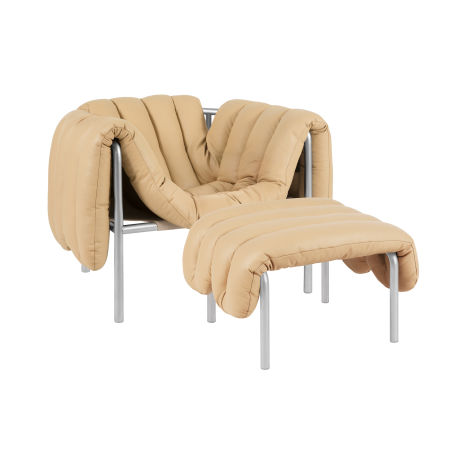Puffy Lounge Chair + Ottoman, Sand Leather / Stainless