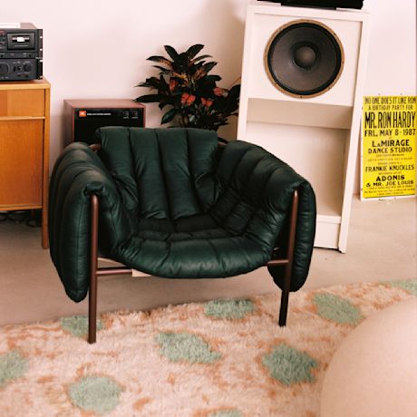 Puffy Lounge Chair, Dark Green Leather / Chocolate Brown