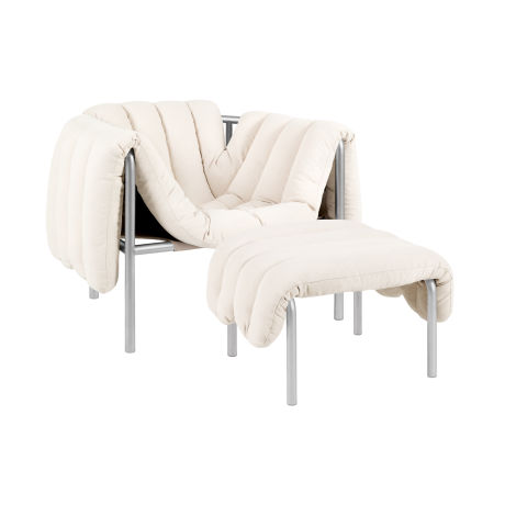 Puffy Lounge Chair + Ottoman, Natural / Stainless (UK)