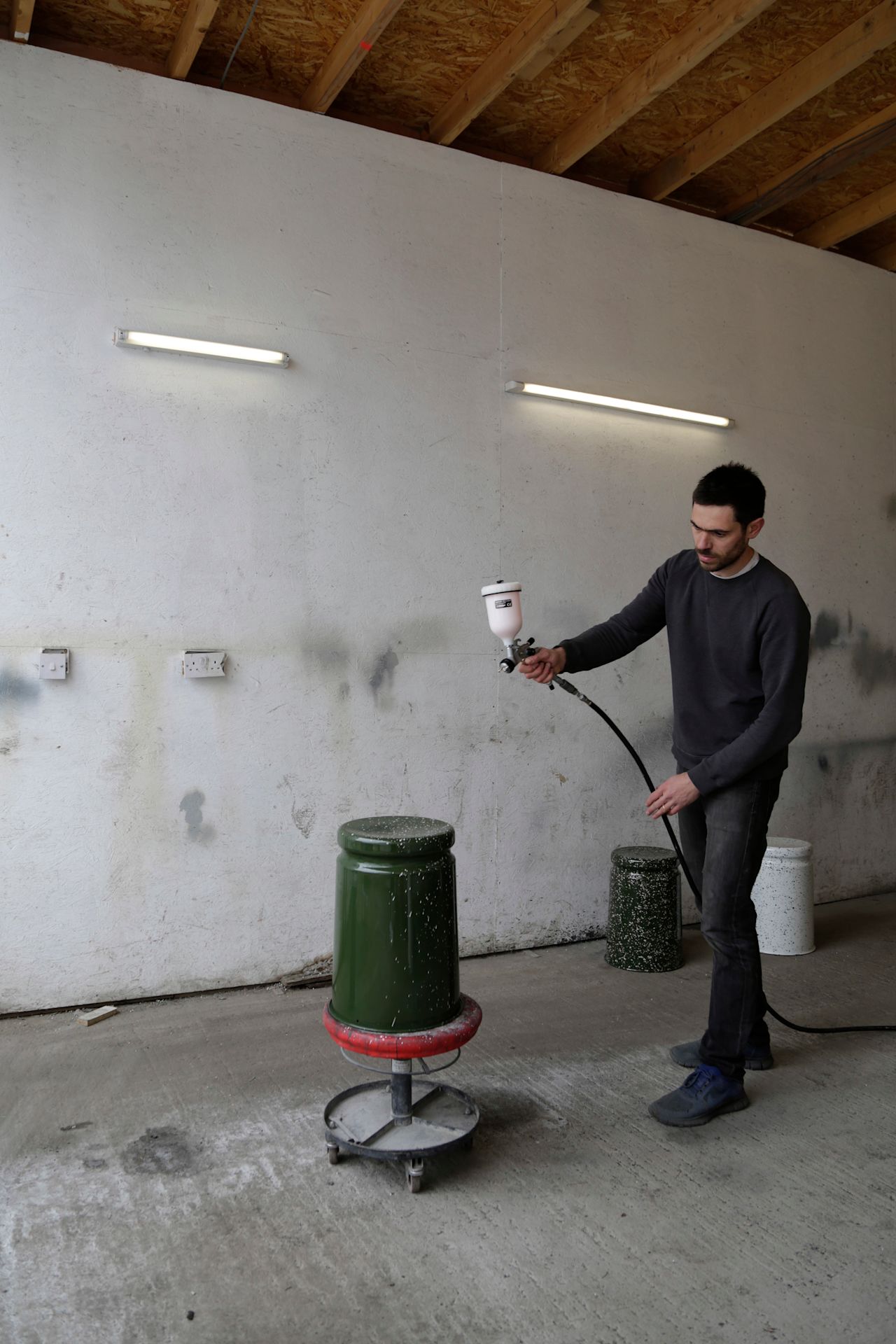 An editorial image from behind the scenes of making Last Stool Splatter featuring Max Lamb.