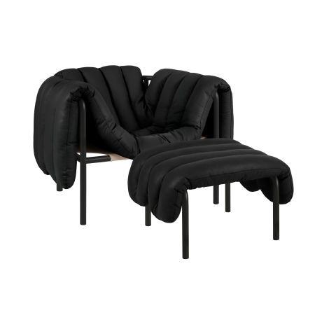 Puffy Lounge Chair + Ottoman, Black Leather / Black Grey