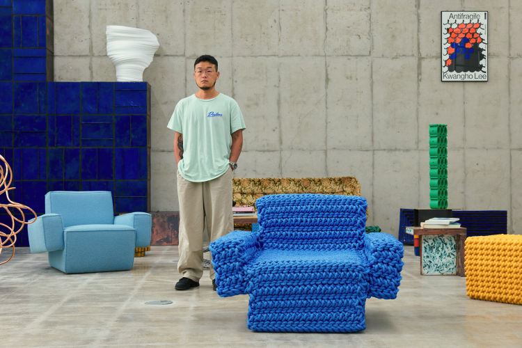 An editorial image of Kwangho Lee, the designer behind Hunk Lounge Chair and Glyph Side Tables taken by Jihoon Kang.