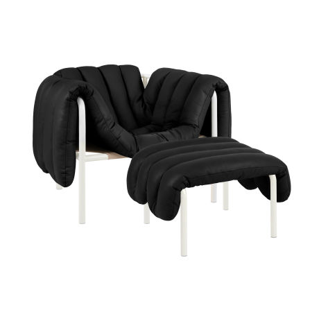Puffy Lounge Chair + Ottoman, Black Leather / Cream