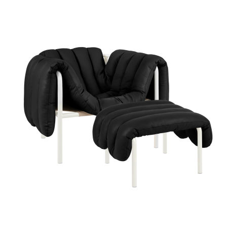 Puffy Lounge Chair + Ottoman, Black Leather / Cream (UK)