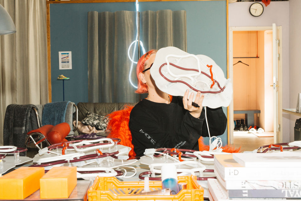 An editorial image from behind the scenes of making Globos Neon, a Hem X limited edition piece.