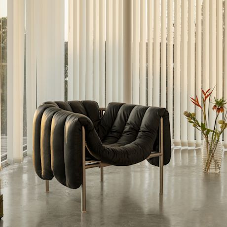 Puffy Lounge Chair, Black Leather / Stainless (UK)