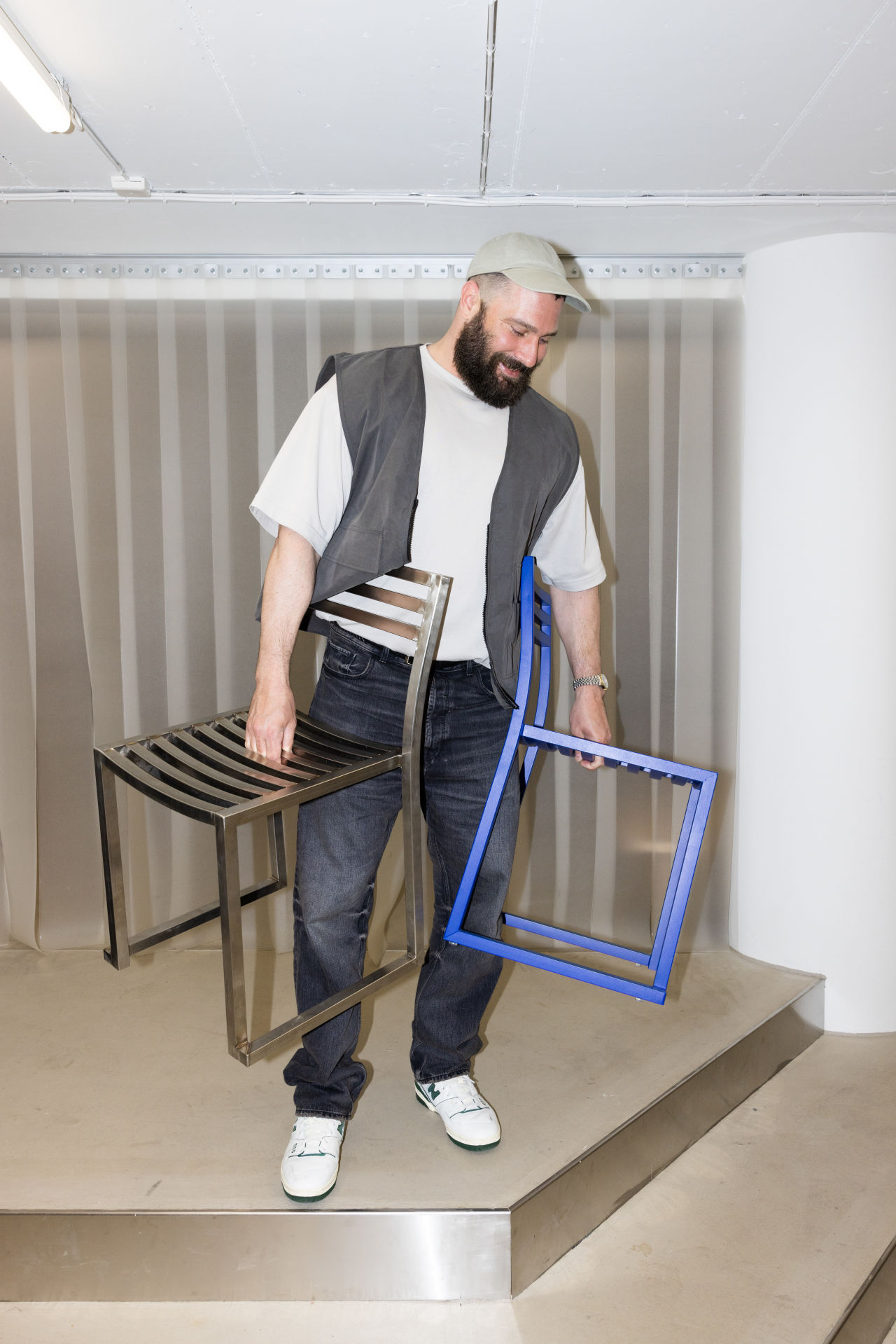 An editorial image from behind the scenes with Philippe Malouin, the designer of Chop Chair and Chop Tables.