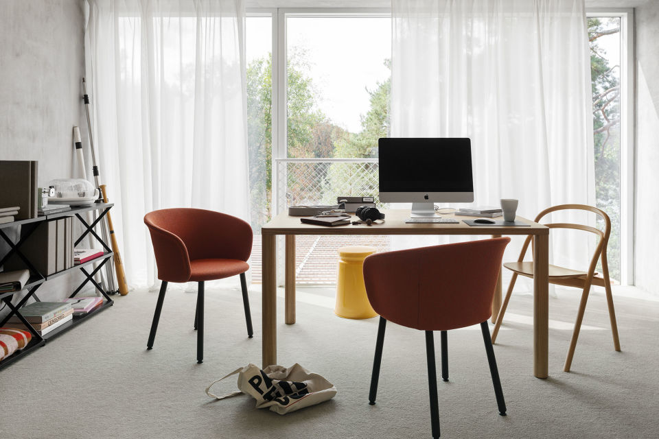 Lifestyle image of a home office featuring Udon Chair, Kendo Chair, Log Table and Lift Shelf.