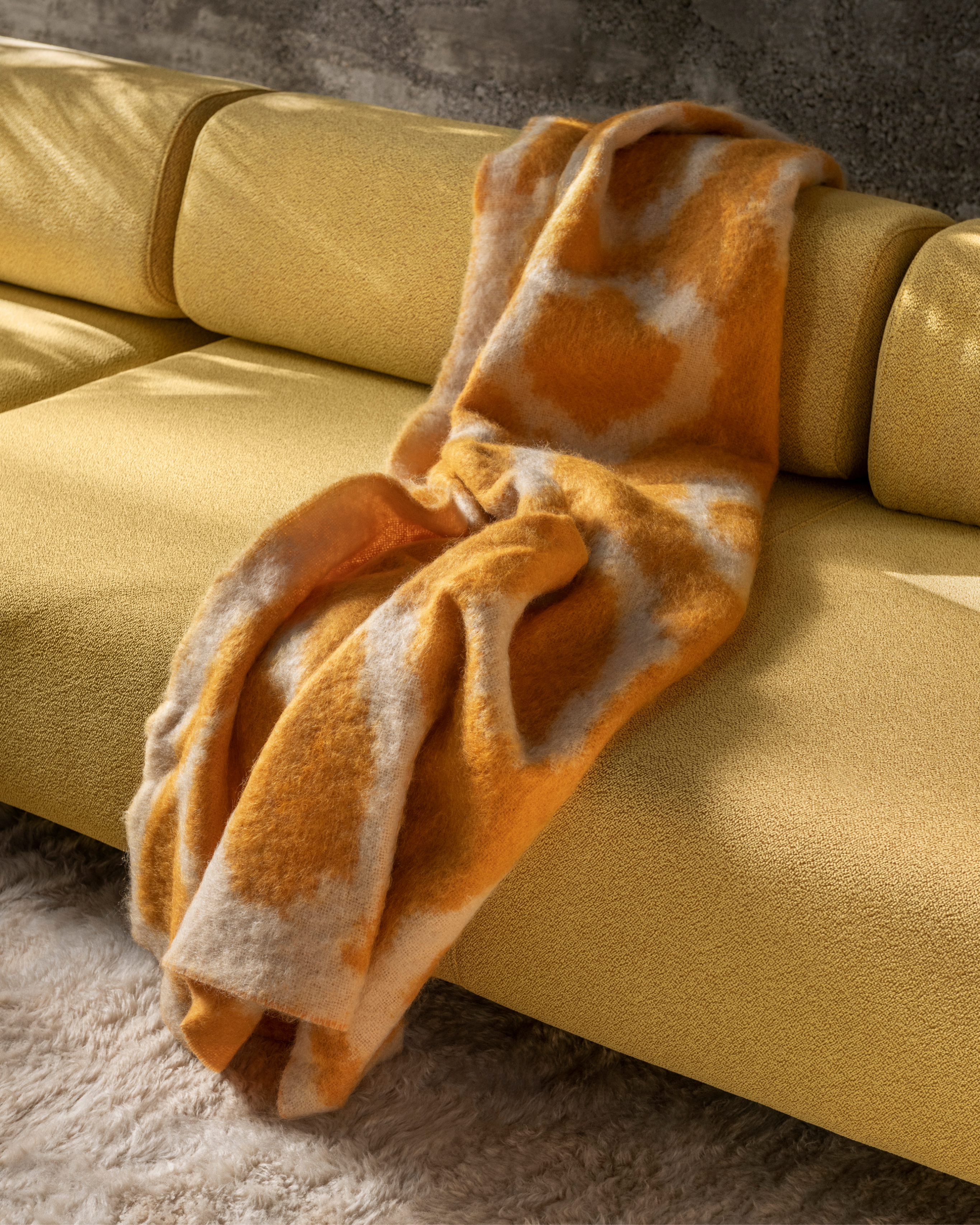 A lifestyle image of a living room scene featuring Palo Modular Sofa, Monster Rug, and Monster Throw.