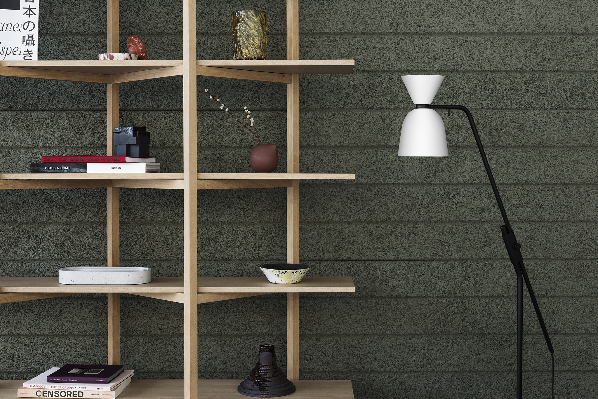 A lifestyle image featuring Zig Zag High Shelf Oak and Alphabeta Floor Lamp White.