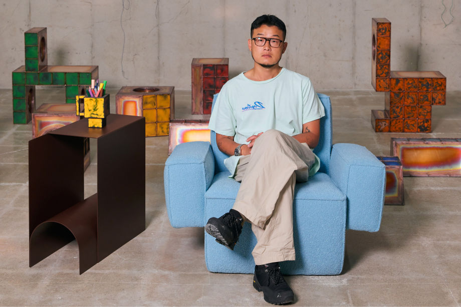 Editorial image of Kwangho Lee, the designer of Hunk Lounge Chairs and Glyph Side Tables. Photographed by Jihoon Kang.