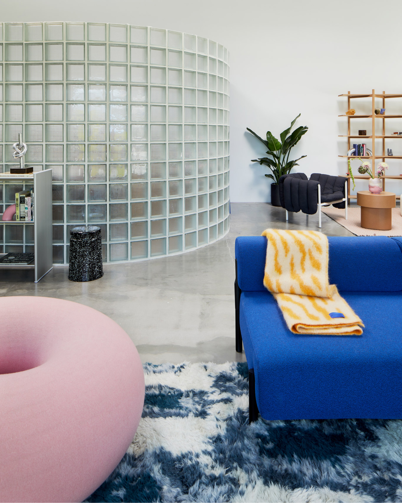 Image of the Hem LA Showroom featuring Palo Sofa, Monster Throw, Monster Rug, Boa Pouf, Last Stool, and more.