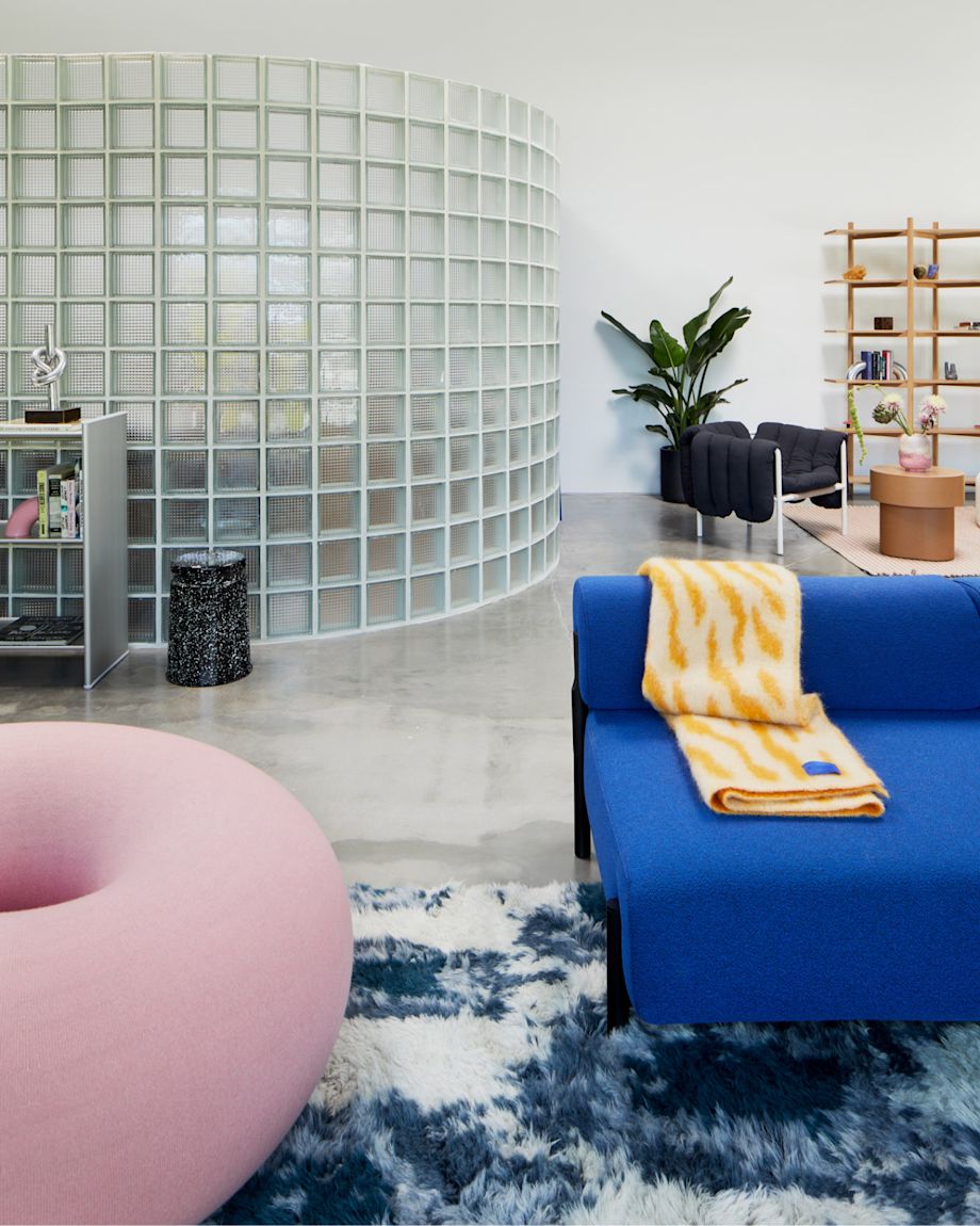 Image of the Hem LA Showroom featuring Palo Sofa, Monster Throw, Monster Rug, Boa Pouf, Last Stool, and more.